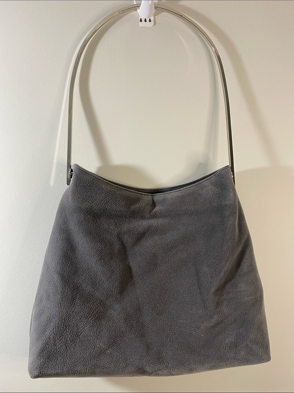 Sleek Gray Suede Shoulder Bag with Metal Handle